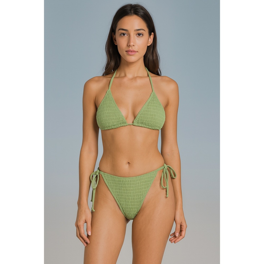 Womens Bikini Set Size M Green Smocked Tie Coastal Coquette Minimal Beachwear‎